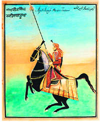Raees Ajit Singh of Ladwa wears a shining and colourful dress and rides a prancing horse, well decorated with necklaces and costly brocade saddlecloth